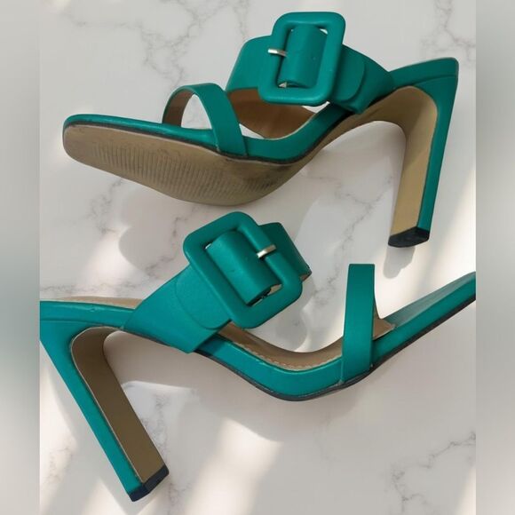 Women’s Green buckle open toe slip on high heels shoes, size 8 - Picture 2 of 8